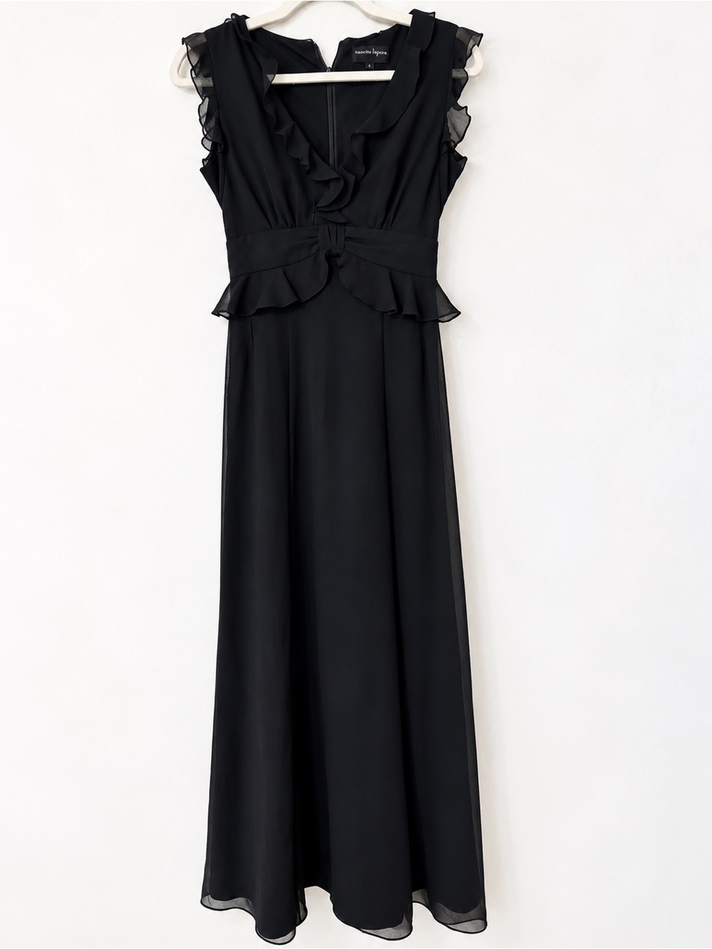 Nanette Lepore Black Ruffle Chiffon Maxi Dress Size 0 Formal Evening Made in USA